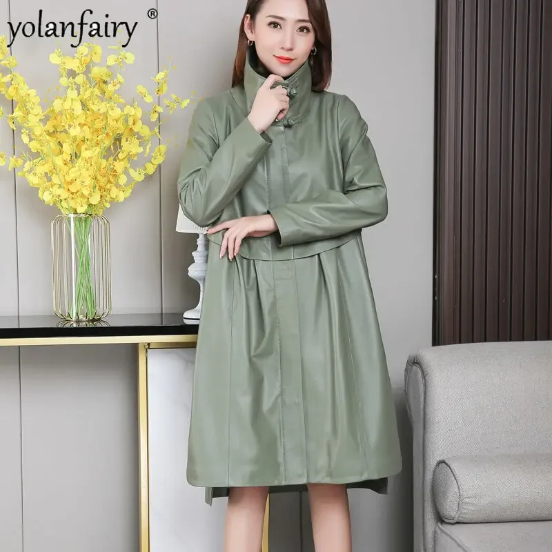 Genuine Leather Coat Women Trenchcoat Natural Sheepskin Jacket Female Extra Large Midium Loose Korean Stand Collar Outwear 8XL F