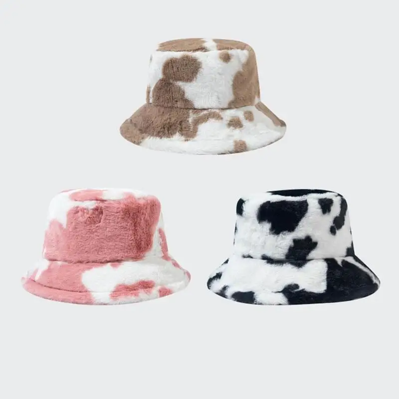 Fashion Winter Cow Print Women Bucket Hat Faux Fur Outdoor Lady Fisherman Fluffy Panama Warm Female Flat Cap Plush Furly U8k8 fisherman hat