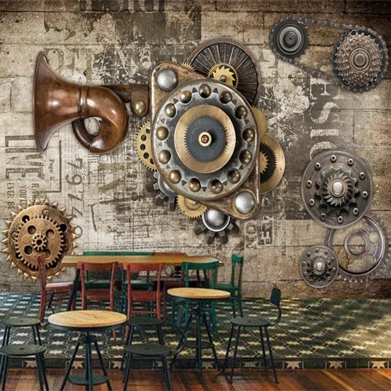 Custom Mural Wallpaper Retro Brick Wall Gear Bar Restaurant Background Wall Fresco Personality Home Interior Papel De Parede 3 D