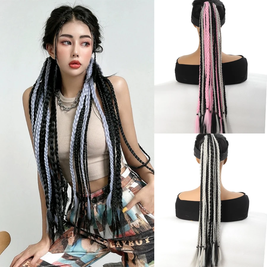 

Braids Wigs Long Hair For Women Color Pigtails Hip Hop Twist Gradient Color Ethnic Style Three-strand Dirty Braids Ponytail