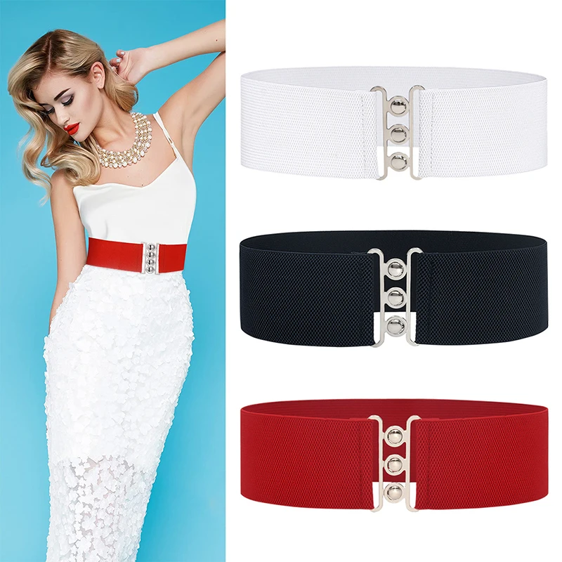 

5cm Wide Elastic Belt Stretchy Belt Wide Waist Vintage Stretch Cinch with Buckle Belts Waistband for Women