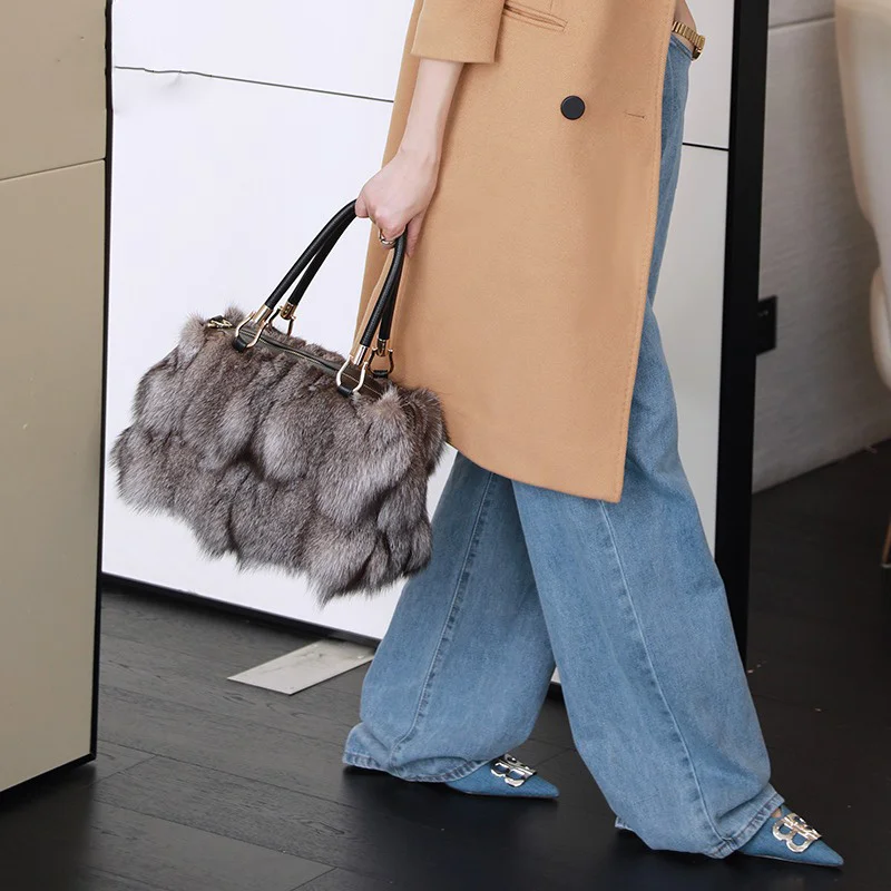 Light Luxury Fox Fur Women's Handbag Leather Large Capacity Stylish Shoulder Bag High-end Fur Elegant Crossbody Bag New