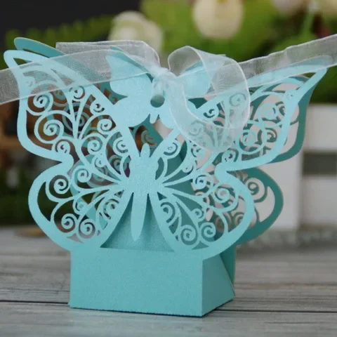 

50PCS Butterfly Laser Cut Hollow Carriage Favors Box Gifts Candy Boxes with Ribbon Baby Shower Wedding Event Party Supplies