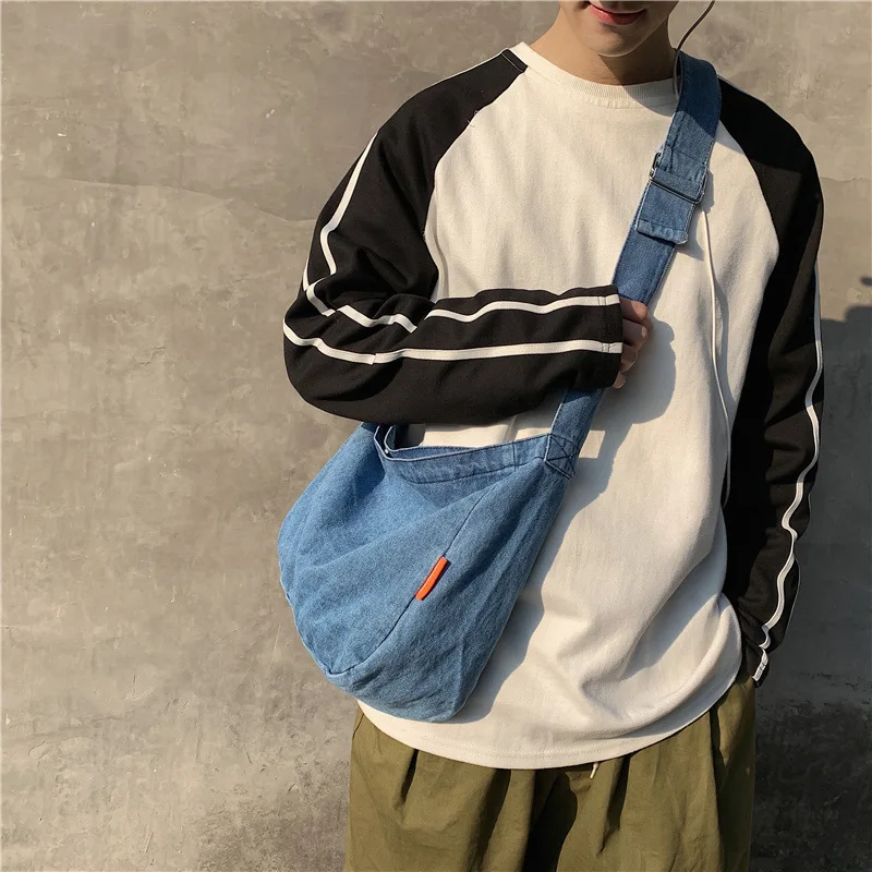 Trendy Japanese style Denim Messenger Bag - Soft Unisex Shoulder Backpack for Students & Couples