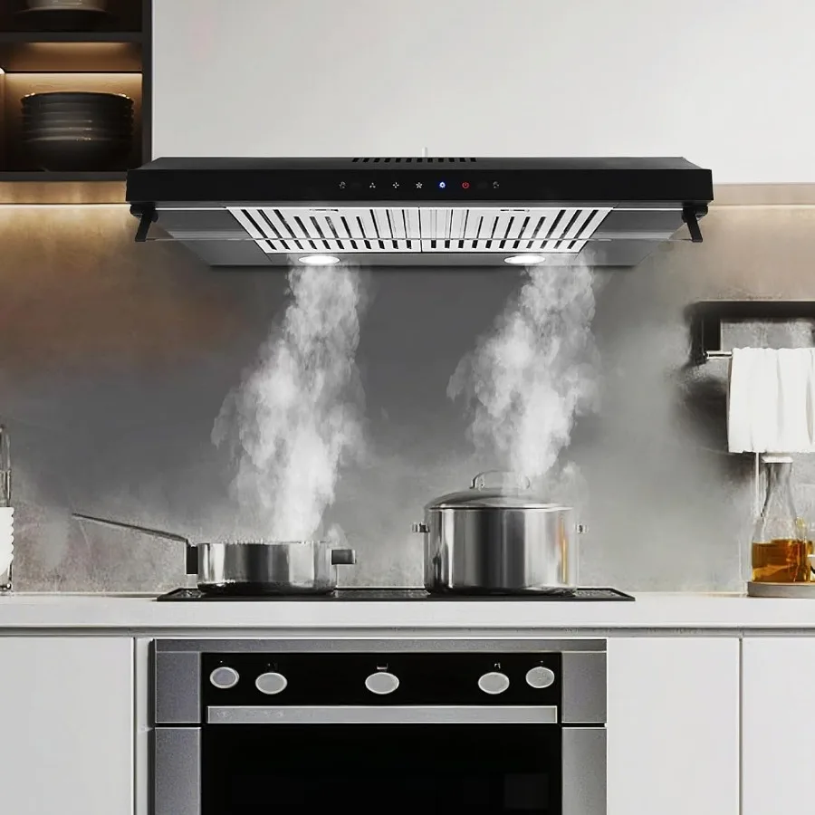 Under Cabinet Range Hood 30In Black Ducted/Ductless Kitchen Stove Vent Hood Stainless Steel 3-Speed Fan Touch Control Gesture S