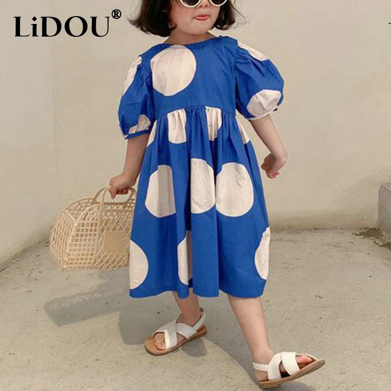

2023 Summer Korean Fashion Cute Vintage Aesthetic Sweet Chic Casual Dress Dot Loose Contrasting Colors Clothes Children Girls