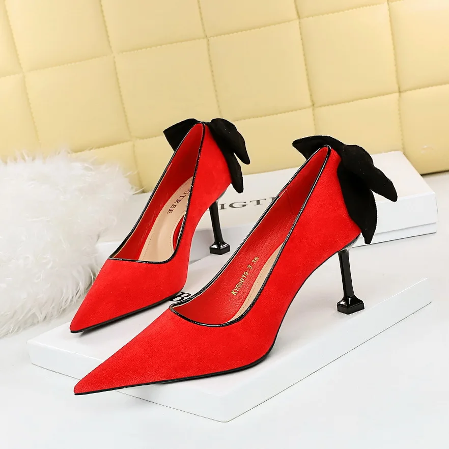 

Korean Version of Sweet Women's Shoes Fine Heel High -heeled Light -tip Pointed Head -colored Bow -colored Bow Single Shoes