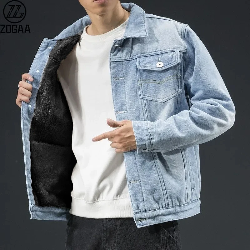 Men Light Blue Winter Jean Jackets Outerwear Warm Denim Coats New Men Large Size Wool Liner Thicker Winter Denim Jackets Size4XL