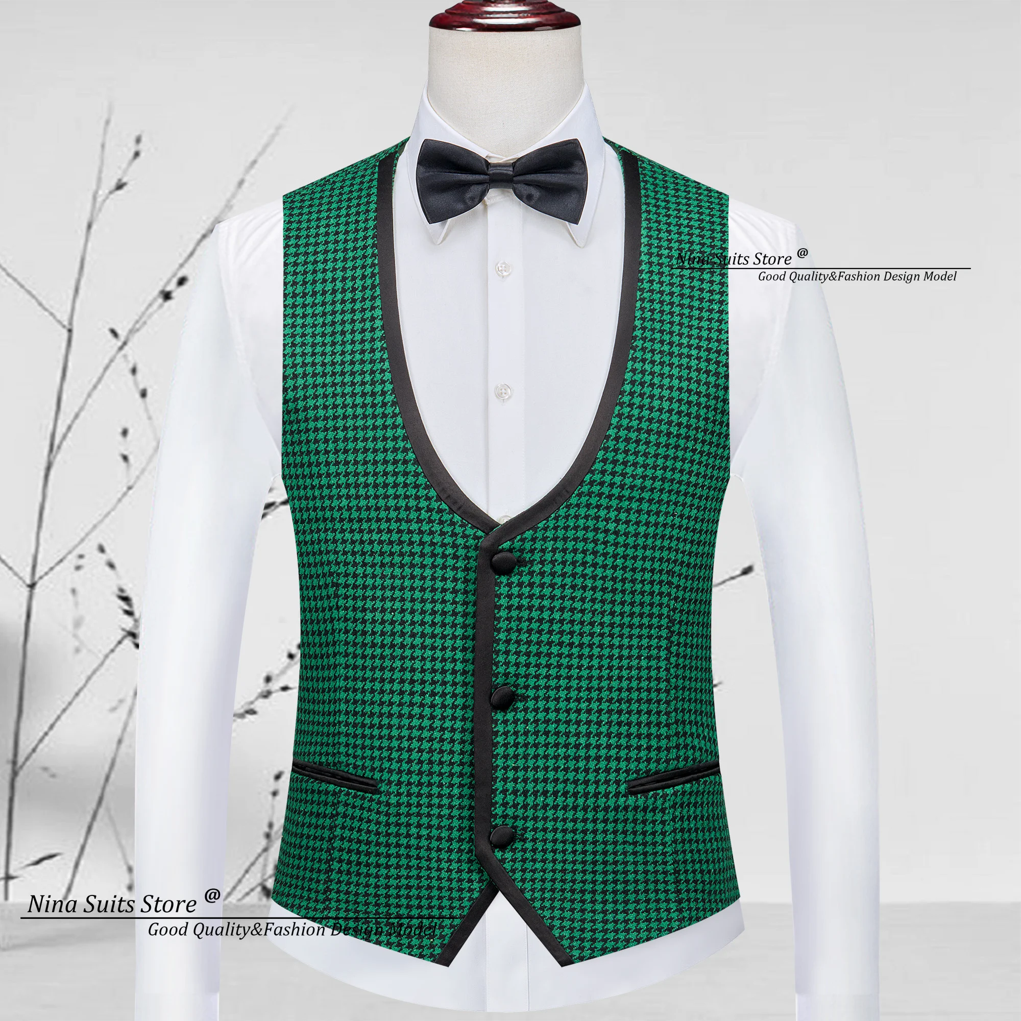 Men 3-piece Suits Houndstooth Party Costume Coat Vest Pants