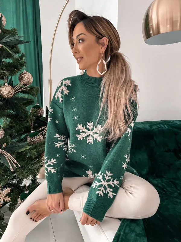 thumbnail image 1 of Suéteres de moda para mujer 2024, suéter de punto con cuello redondo y manga larga con patrón de copo de nieve navideño, jerséis de otoño para mujer, prendas de punto, 1 of 5