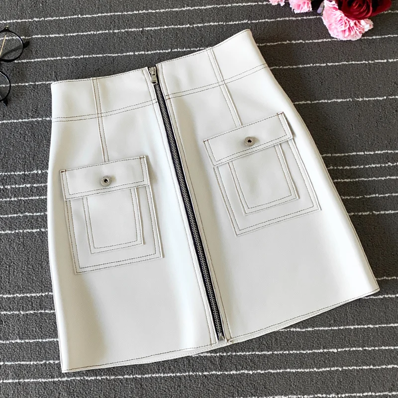

Spring and Autumn New Sheepskin Genuine Leather OL Small Leather Skirt White Half Skirt Women's High Waist Slim Short Skirt
