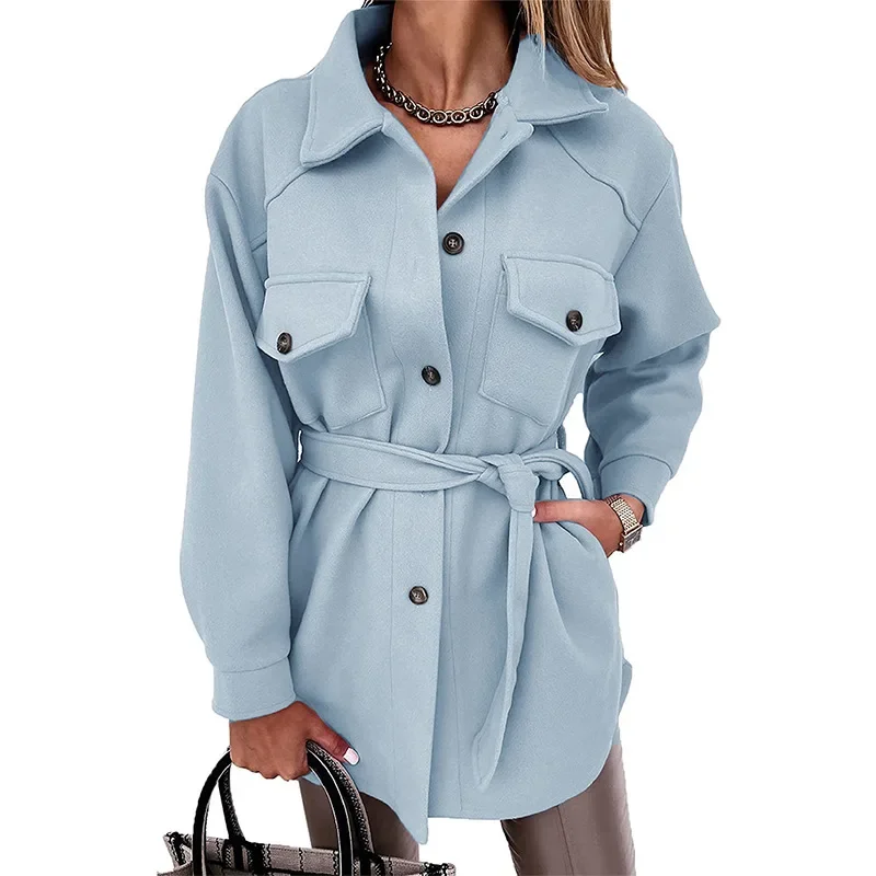 Autumn and Winter New 2024 Products Ladies Lapel Long-sleeved Single-breasted Lace Woolen Mid-length Coat Trendy Casual Jacket