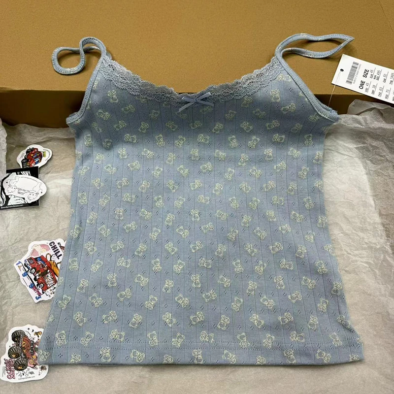 

Little Bear Print Bow Blue Short Sleeve Tees Women Summer Lace Trim Cotton Hollow Out Tops Cute Sweet Streetwear Chic T-shirts
