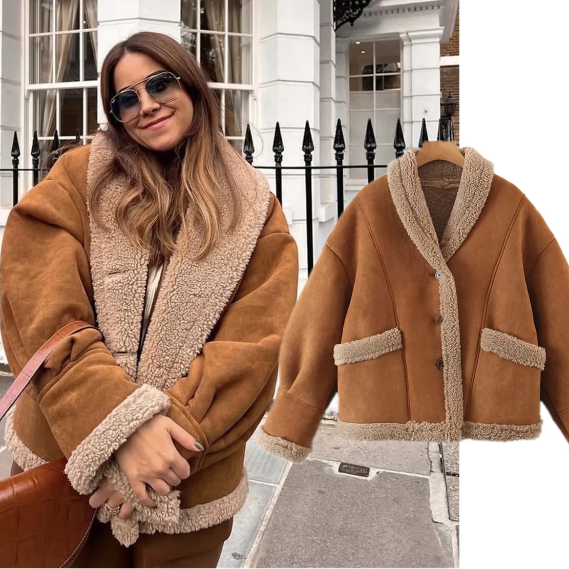 Dave&Di  Ins Fashion Coat Women Vintage Brown Suede Lamb Hair Short Jacket Warm