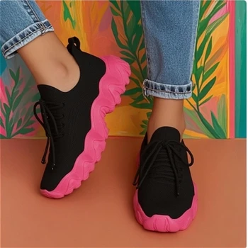 أحذية نسائية عصرية محبوكة قابلة للتنفس، نعال متموجة عصرية مخططة، مناسبة للارتداء اليومي، أحذية نسائية خفيفة للتمرين