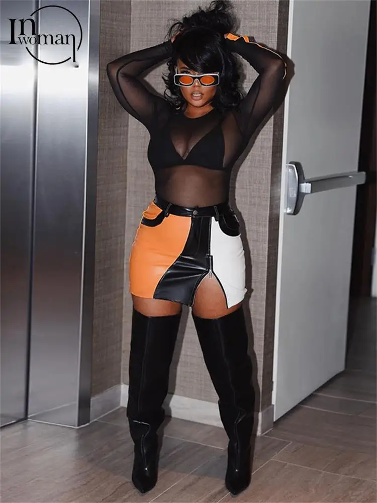 

Inwoman Summer Fashion Sexy Orange Patchwork Mini Skirt For Women 2023 Y2k Bodycon High Waist Short Skirt Night Club Split Skirt