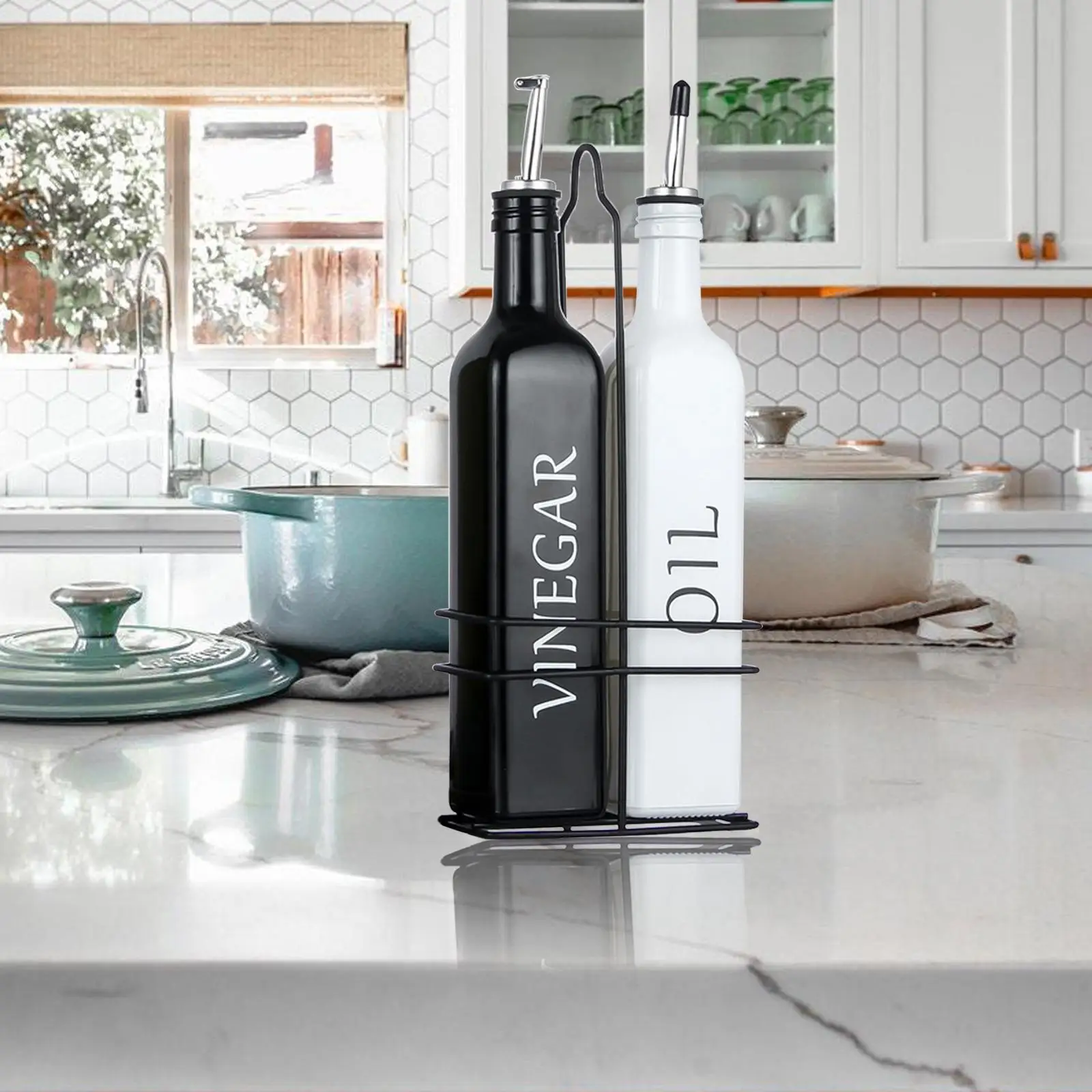 500ml 17oz Oil and Vinegar Dispenser Set with Caddy Holder Vinegar Bottle Black & White Dispenser Bottle Glass Set for Farmhouse 3