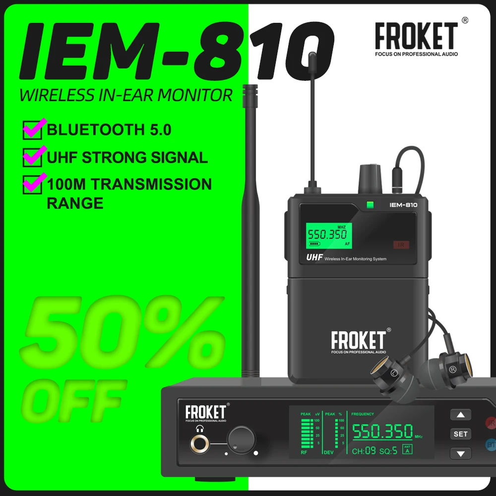 Wireless In Ear Monitor FROKET IEM-810 UHF Wireless In-Ear Monitoring System Range 80m 530-580MHZ Stage Performance Recording Band Drummer Church