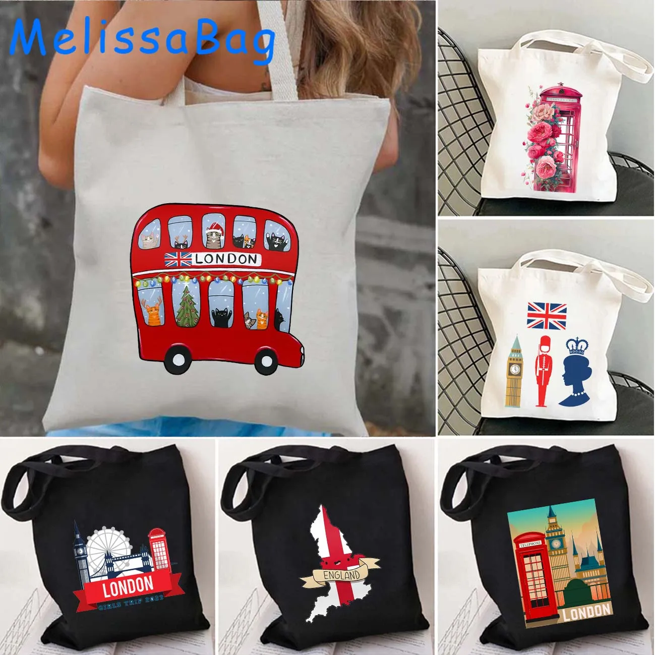 London England Bus Big Ben British Cute Gifts Regno Unito Uk Love Heart Flag Canvas Shoulder Tote Bag Harajuku Cotton Handbag