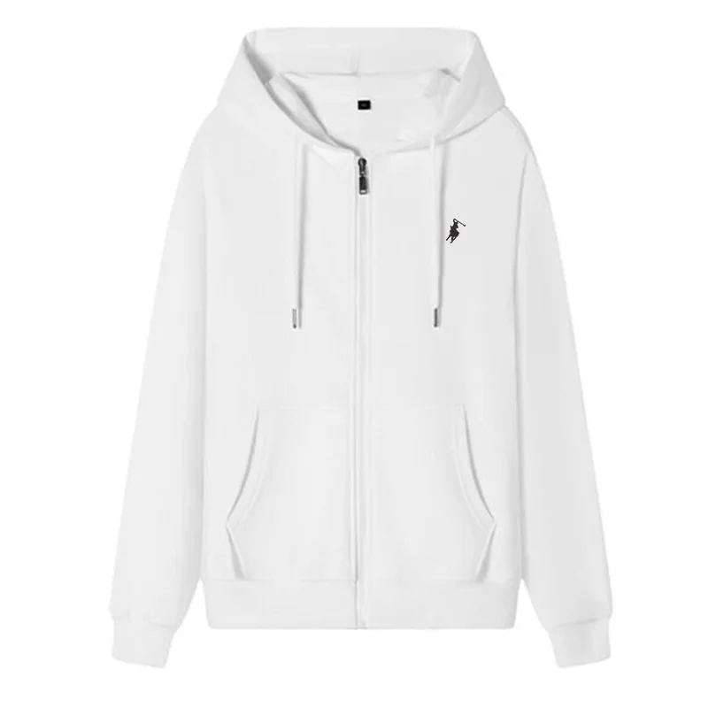 Mens Hooded Jacket Long Sleeved With Drawstring Zipper Closure Solid Color Casual Sportswear