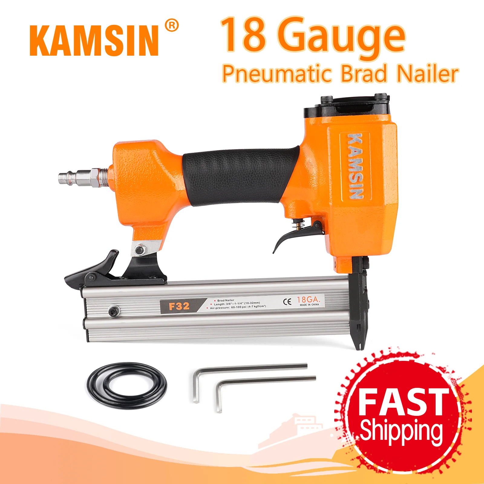 KAMSIN F32 18 Gauge Pneumatic Compact Brad Nailer, Fits 10-32mm Nails,  Air Power Finish Nail Gun for DIY Project, Furniture