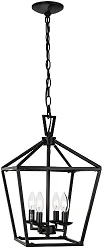 

4-Light Lantern Pendant Light Black and Gold Brushed Brass Kitchen Pendant Light Modern Geometric Chandelier Adjustable Chain Ca