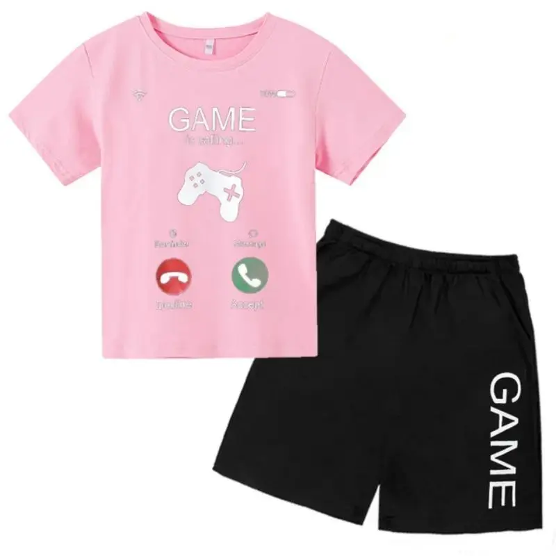 thumbnail image 1 of Conjunto de camiseta y pantalones cortos con estampado de máquina de juego de arte de grafiti para niños, moda de verano, informal, de manga corta, para niños y niñas, 1 of 5