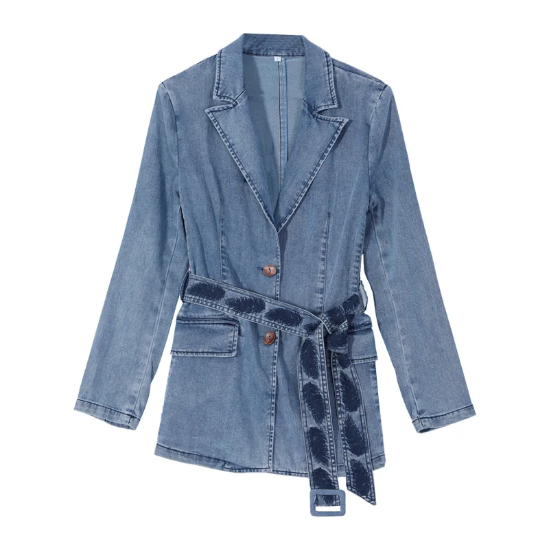 

Design Sense Spring and Autumn New Short Denim Suit Retro Embroidery Belt Thin Casual Jacket Women
