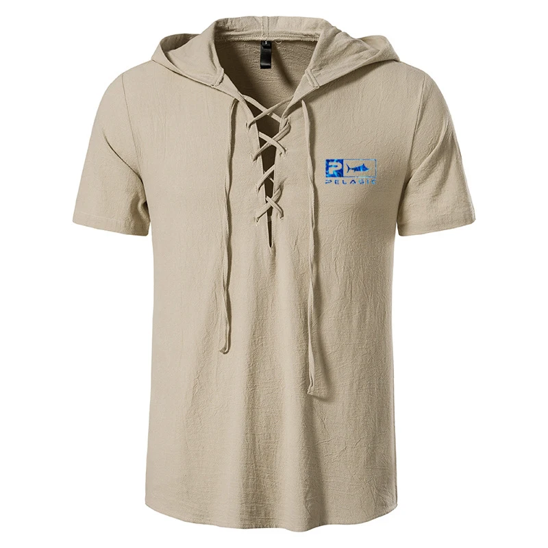 

2023 ocean fishing Logo men's linen short-sleeved hooded T-shirt solid color casual T-shirt cotton and linen shirt