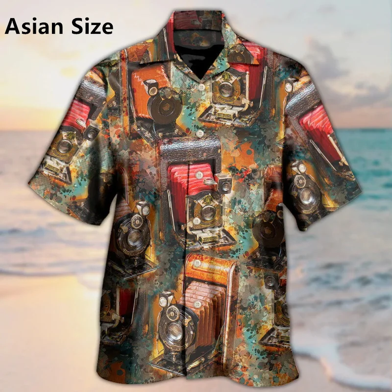 Full Print Colorful Camera Pattern Tropical Hawaiian Shirt For Men Short Sleeve Button Vacation Shirts Tops Men's Casual Shirt