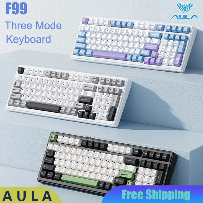 Aula F99 트라이 모드 게임용 기계식 키보드, 무선 블루투스, C타입, 핫 스왑, PBT 개스킷, RGB 노트북, 사무실 PC 게이머 선물, 2.4g