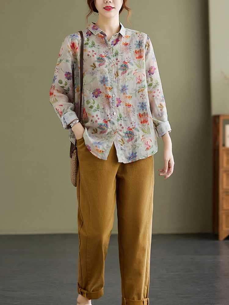 2025 Spring Autumn Fashion Cotton Linen Floral Blouse Women Button Cardigan Shirt Top Female Chemises Elegant Casual Clothes