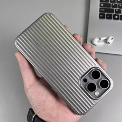 Natural Titanium Grating Stripe Pattern Phone Case with Metal Button - Shockproof Hard Armor Cover - iPhone 15 Pro Max (Titanium Gray)
