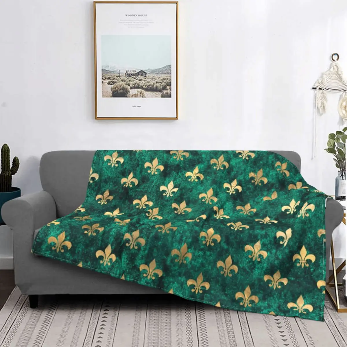 

Grunge Green Velvet Fleur De Lis Mardi Gras Blanket Fleece Spring/Autumn Breathable Warm Throw Blanket for Bed Bedroom Quilt