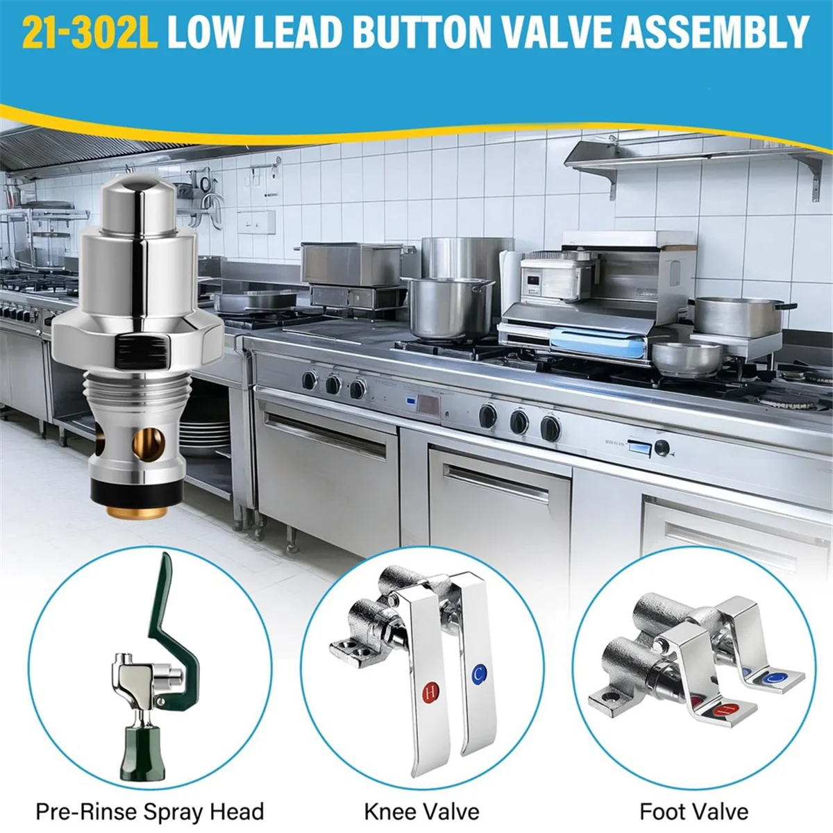 AA98 Button Valve Assembly for All Pre-Rinse Heads, Knee Valve, Foot Valves, 21-302L Faucet Valve Part