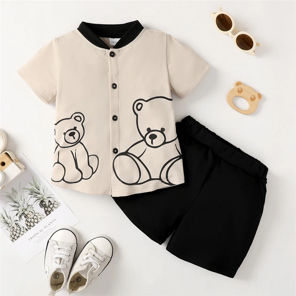 Children's Bear Graphic Tee & Diamond Pattern Shorts Set