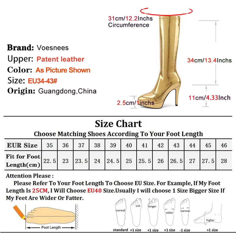 Gold Platform Boots Elastic Patent Leather Lady Pointed Toe High Heels 11CM Slim Leg Mid Boots Large Women Spring Autumn Shoes