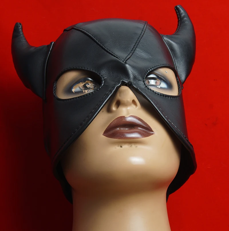 BDSM Mask PU Leather Open Eyes and Mouth,Slave Hood With Horns,Sex Toys for Couples,Bondage,Restraints,Adult Games,Roleplaying