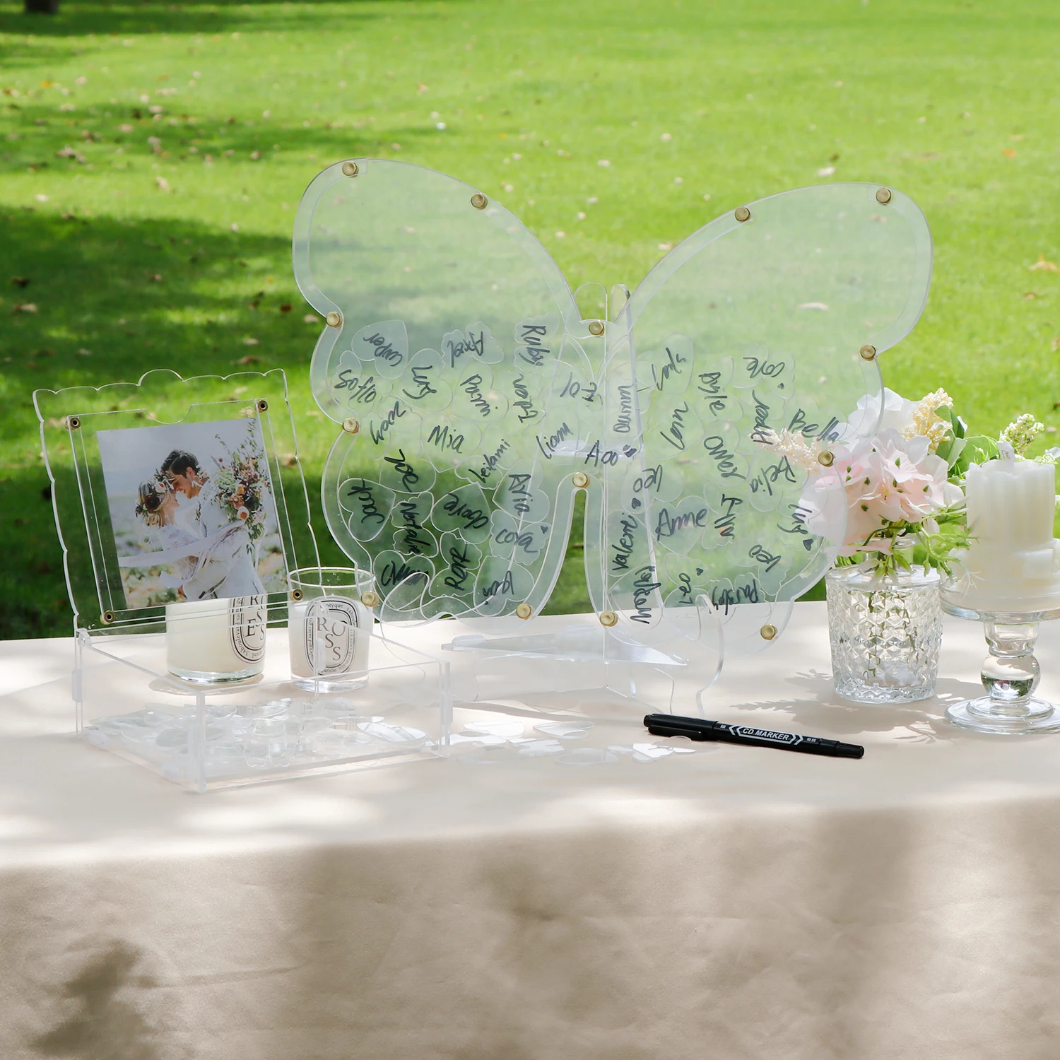 

OurWarm Wedding Guest Book Acrylic Alterinative For Wedding Reception Signature Box w/Stand 100 Wooden Hearts&Marker Pen