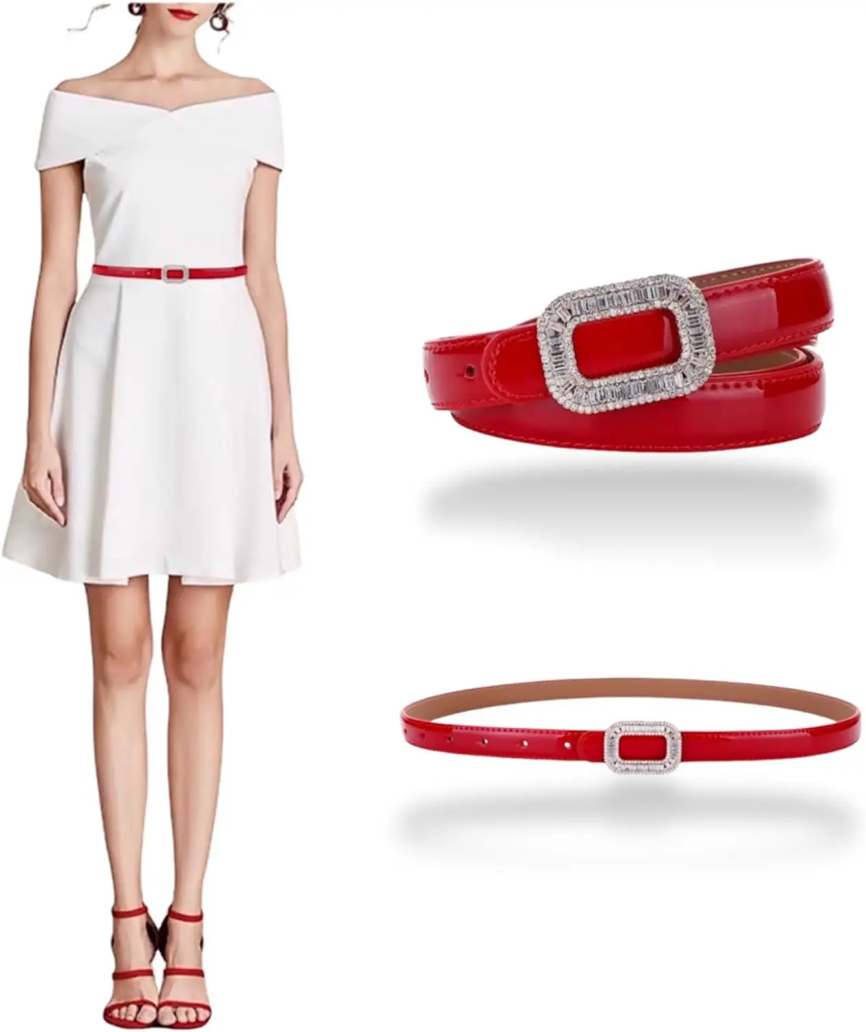 

Luxury Women's Belt Dress Genuine Leather Skinny Patent Leather Belts Gold Rectangle Shiny Rhinestone Buckle Waistband