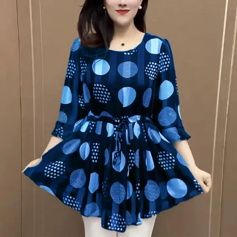 Commute Fashion Polka Dot Shirt Spring Summer Thin Drawstring Waist Women's Clothing 3/4 Sleeve Casual Round Neck Loose Blouse