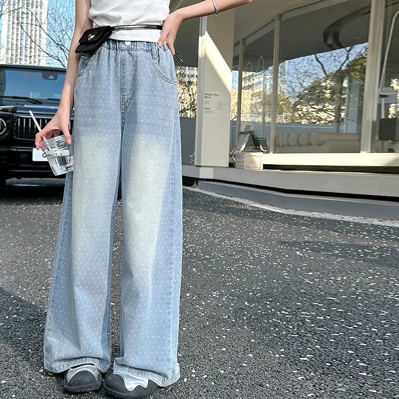 

Women Big Children Pants Children 2024 New Spring and Summer Thin Jeans Western Style Girls Wide Leg Simple Casual Style Pants