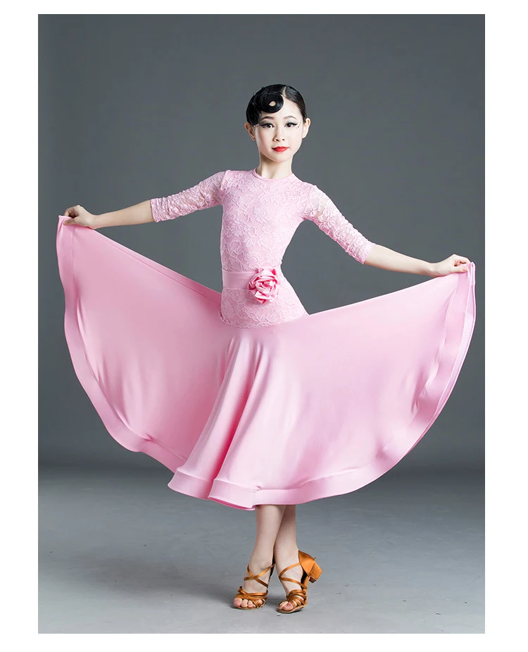 

Pink Ballroom Dance Costume Lace Leotard Skirt Outfit Dancing Competition Clothing Girls Waltz Performance Dresses Suit