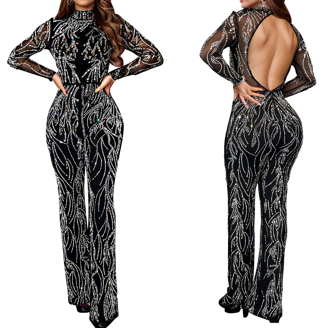 Women's clothing jumpsuit Long Sleeve Sexy Pant Sets jumpsuit one pieces Beading Backless Women's Jumpsuit Rompers Playsuits X66 4