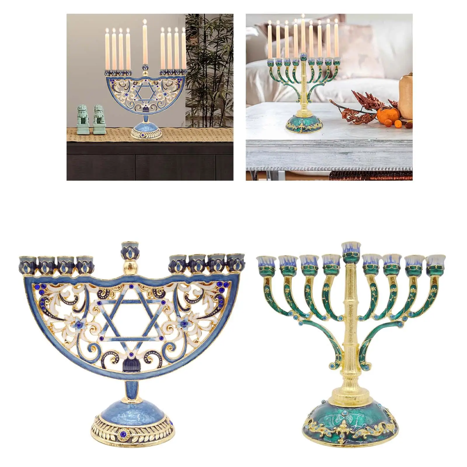 Enameled Metal Menorah with Jeweled Accents Bejeweled Jewish Candlesticks