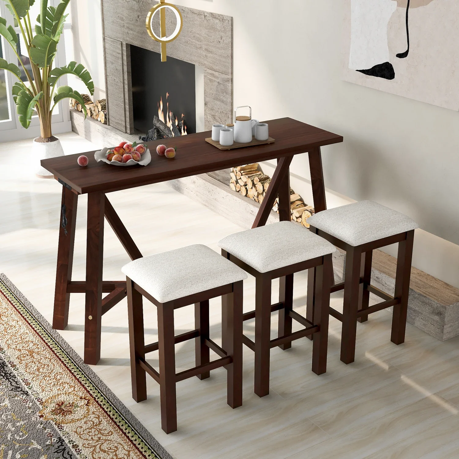 

Stylish TREXM Dark Walnut Multipurpose Home Kitchen Dining Bar Table Set with Comfortable 3 Upholstered Stools for Ultimate Rela