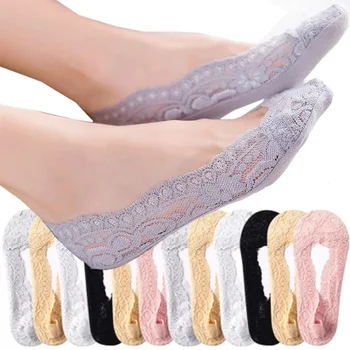 여성 패션 코튼 보이지 않는 미끄럼 방지 발목 양말, 레이스 양말, 여아용 보이지 않는 양말, 노쇼 양말, 5 쌍