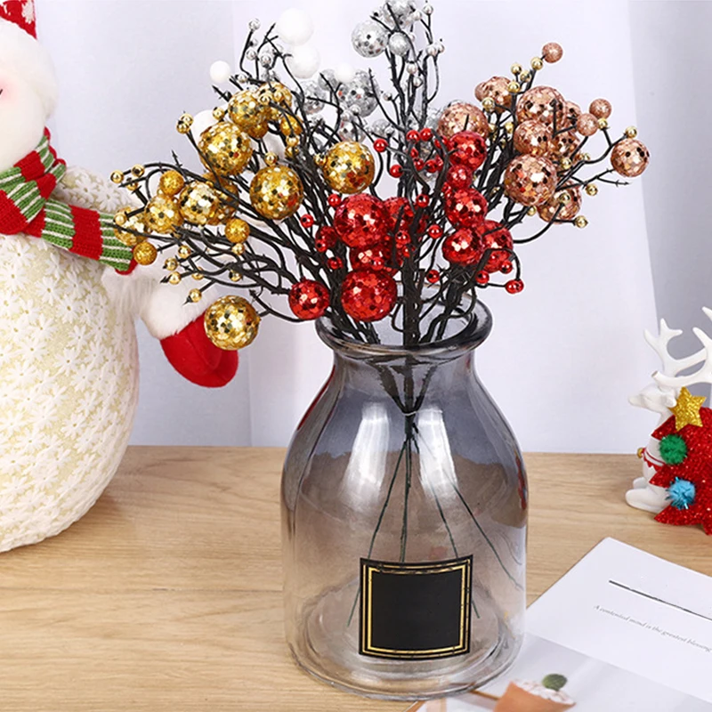 

Glitter Artificial Christmas Flower Simulated Berry Branch For Wedding Christmas Wreaths DIY Gift Box Christmas Tre Decoration