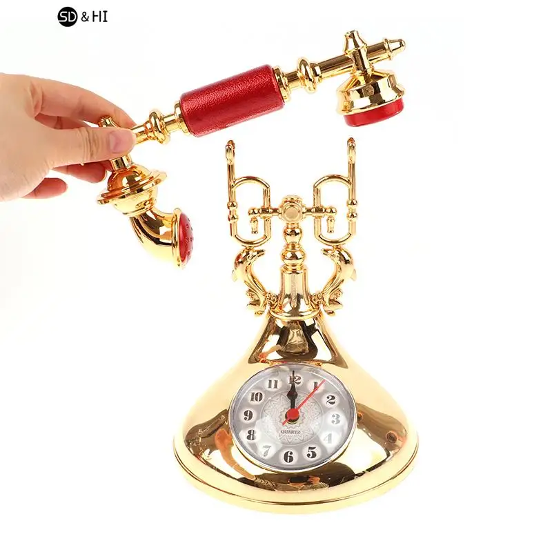 

1pc Retro Alarm Clock Telephone Model Creative Timekeeper Desktop Ornament For Home Room Bedside Table Decoration