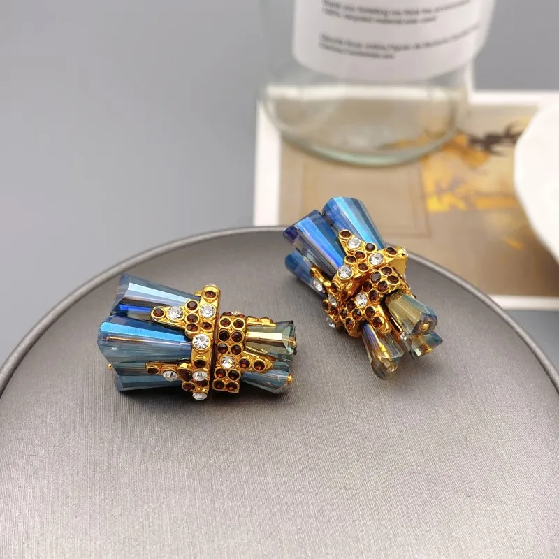 French Socialite Style Luxury Hyperbole Crystal Front And Rear Style Stud Earrings Women Ceremonial Dress Match Earring Jewelry